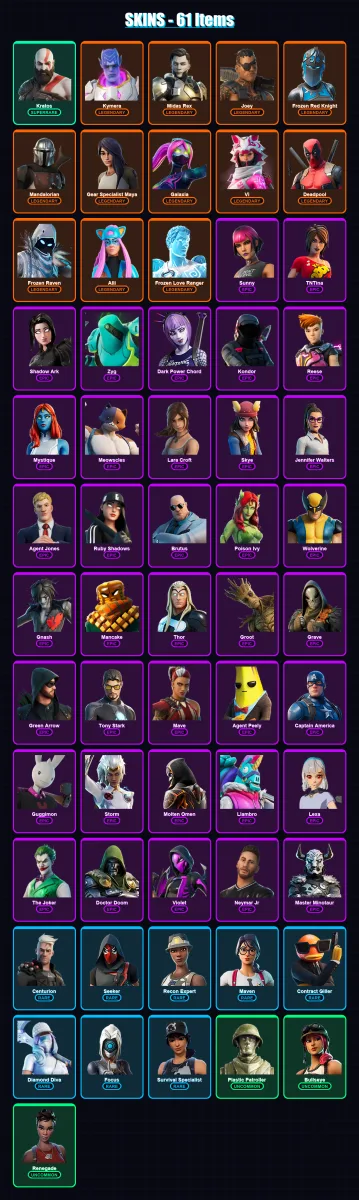 [PC/XBOX/PSN] | Kratos | Kymera | Midas Rex | Joey | Frozen Red Knight | 61 skin | 63 pickaxe | 39 emote | 37 glider | Lv509