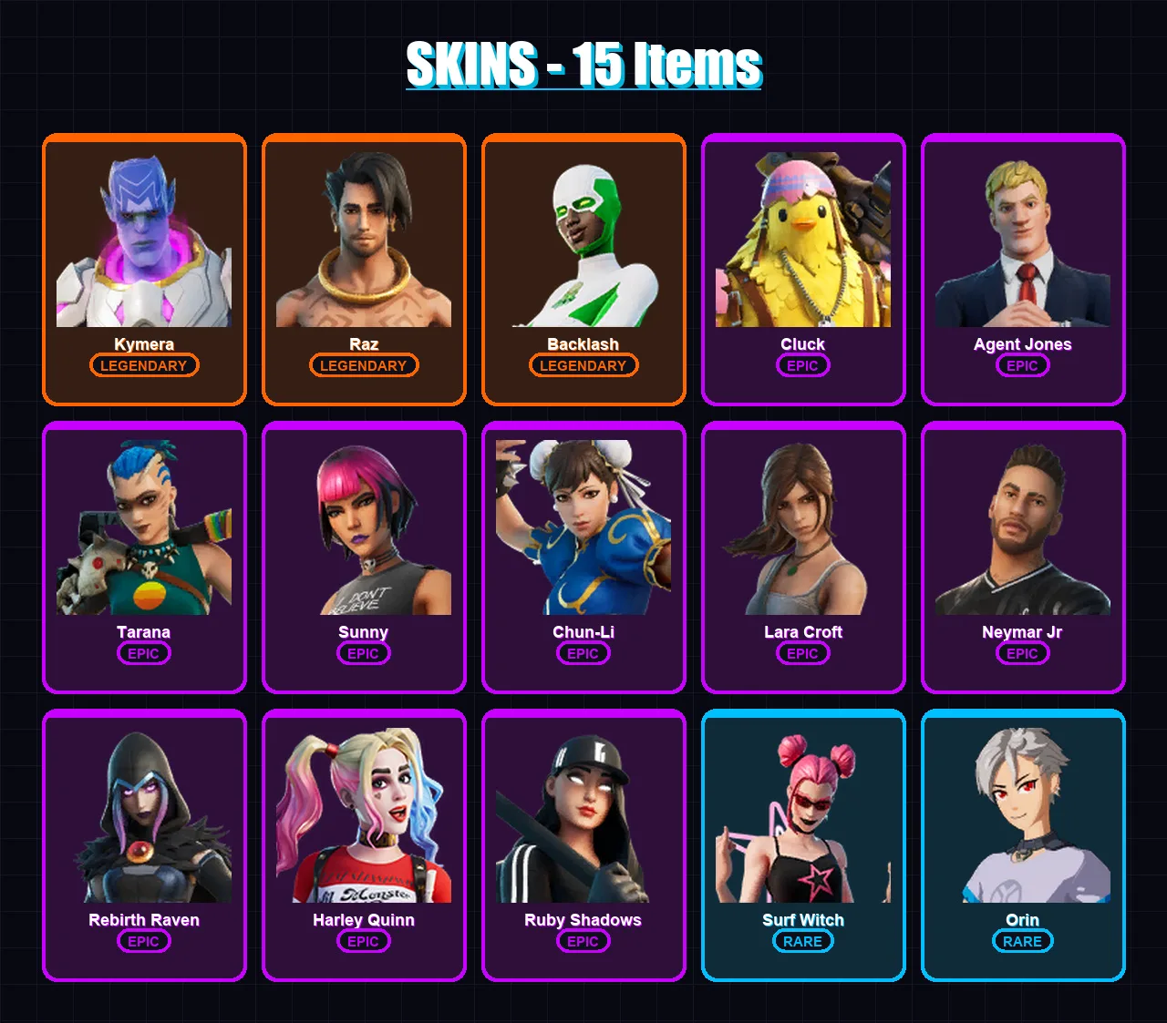 [PC/XBOX/PSN] | Kymera | Raz | Backlash | Cluck | Agent Jones | 15 skin | 18 pickaxe | 15 emote | 17 glider | Lv213