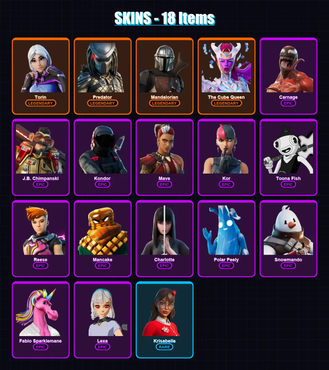 [PC/PSN] | Torin | Predator | Mandalorian | The Cube Queen | Carnage | 18 skin | 27 pickaxe | 16 emote | 24 glider | Lv375