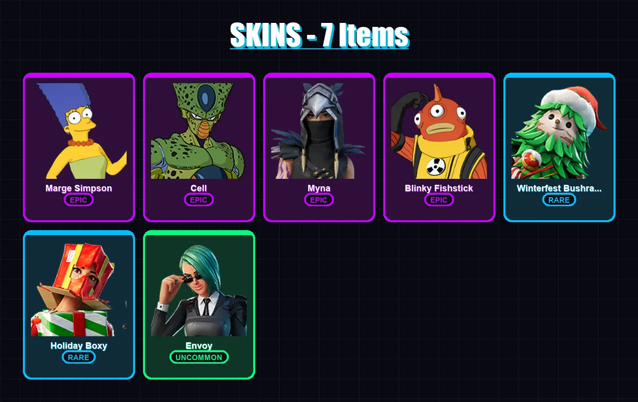 [PC/XBOX/PSN] | Marge Simpson | Cell | Myna | Blinky Fishstick | Winterfest Bushranger | 7 skin | 38 pickaxe | 16 emote | 34 glider | Lv325