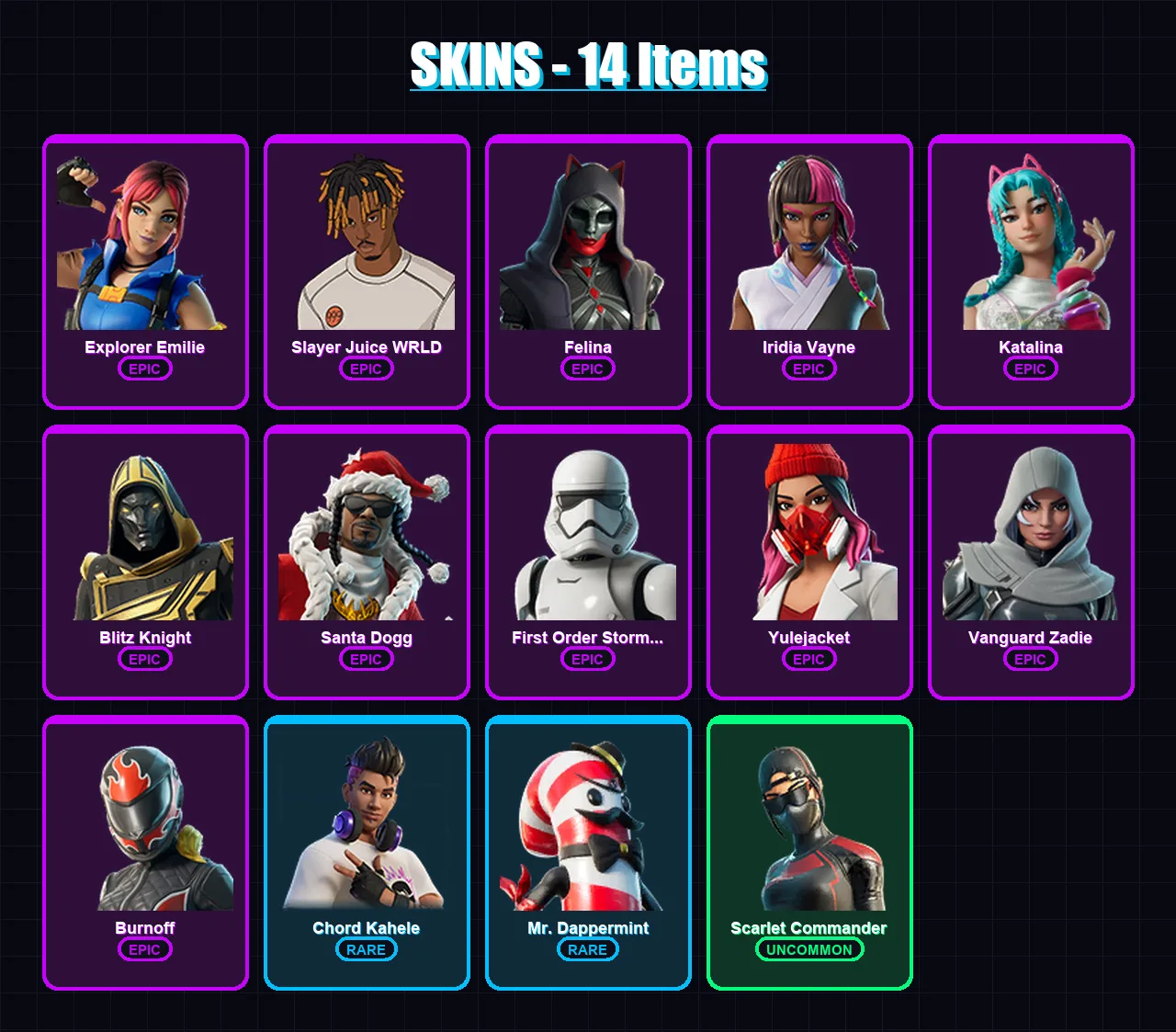 [PC/XBOX/PSN] | Explorer Emilie | Slayer Juice WRLD | Felina | Iridia Vayne | Katalina | 14 skin | 72 pickaxe | 31 emote | 45 glider | Lv1292
