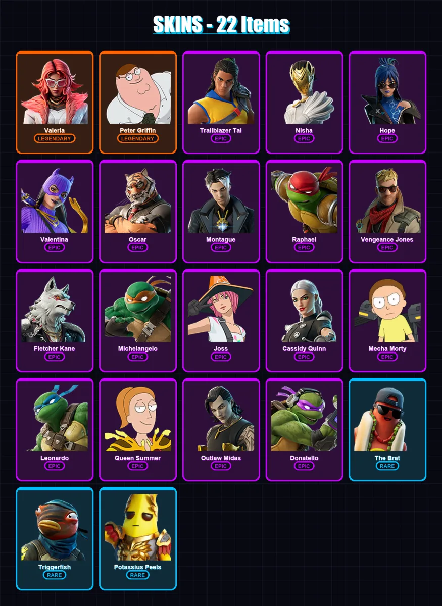 [PC/XBOX/PSN] | Valeria | Peter Griffin | Trailblazer Tai | Nisha | Hope | 22 skin | 20 pickaxe | 21 emote | 9 glider | Lv163