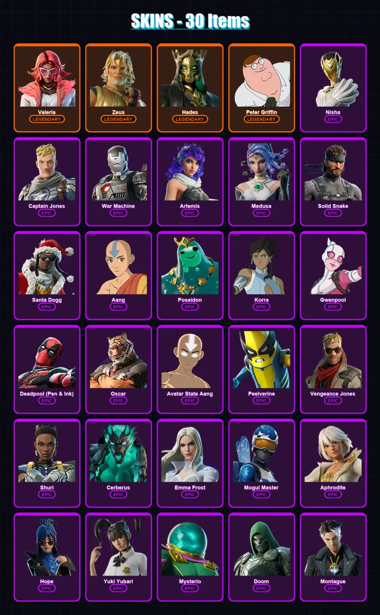 [PC/PSN] | Valeria | Zeus | Hades | Peter Griffin | Nisha | 30 skin | 78 pickaxe | 50 emote | 52 glider | Lv943