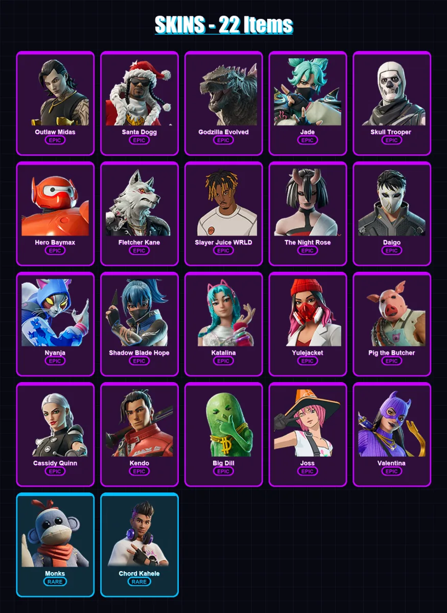[PC/XBOX/PSN] | Outlaw Midas | Santa Dogg | Godzilla Evolved | Jade | Skull Trooper  | 22 skin | 42 pickaxe | 25 emote | 32 glider | Lv363 — Fortnite account