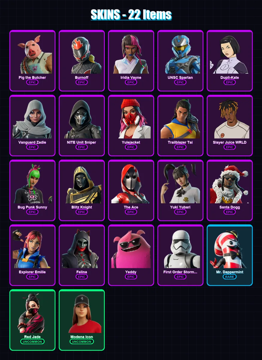 [PC] | Pig the Butcher | Burnoff | Iridia Vayne | UNSC Spartan | Dupli-Kate | 22 skin | 82 pickaxe | 38 emote | 48 glider | Lv639