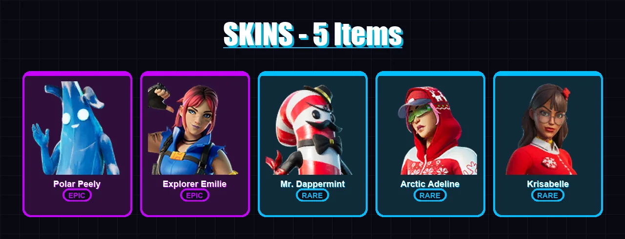 [PC/XBOX/PSN] | Polar Peely | Explorer Emilie | Mr. Dappermint | Arctic Adeline | Krisabelle | 5 skin | 7 pickaxe | 5 emote | 5 glider | Lv26