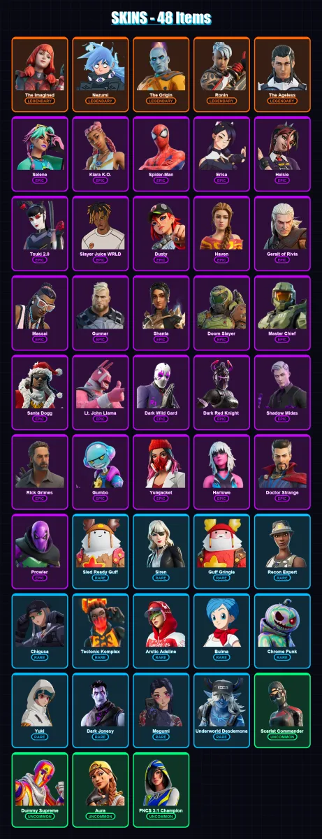 [PC/XBOX/PSN] | The Imagined | Nezumi | The Origin | Ronin | The Ageless | 48 skin | 60 pickaxe | 46 emote | 58 glider | Lv1028