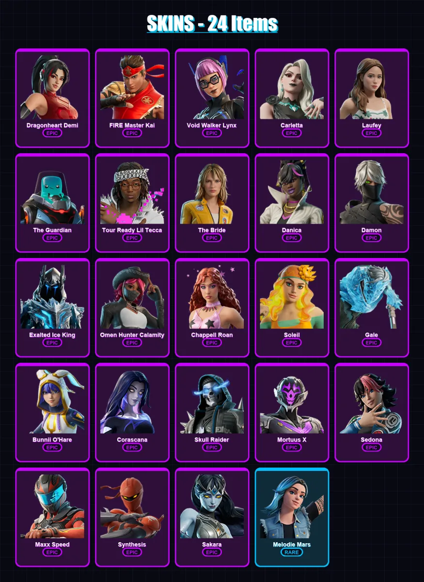 [PC/XBOX/PSN] | Dragonheart Demi | FIRE Master Kai | Void Walker Lynx | Carletta | Laufey | 24 skin | 12 pickaxe | 1 emote | 2 glider | Lv51