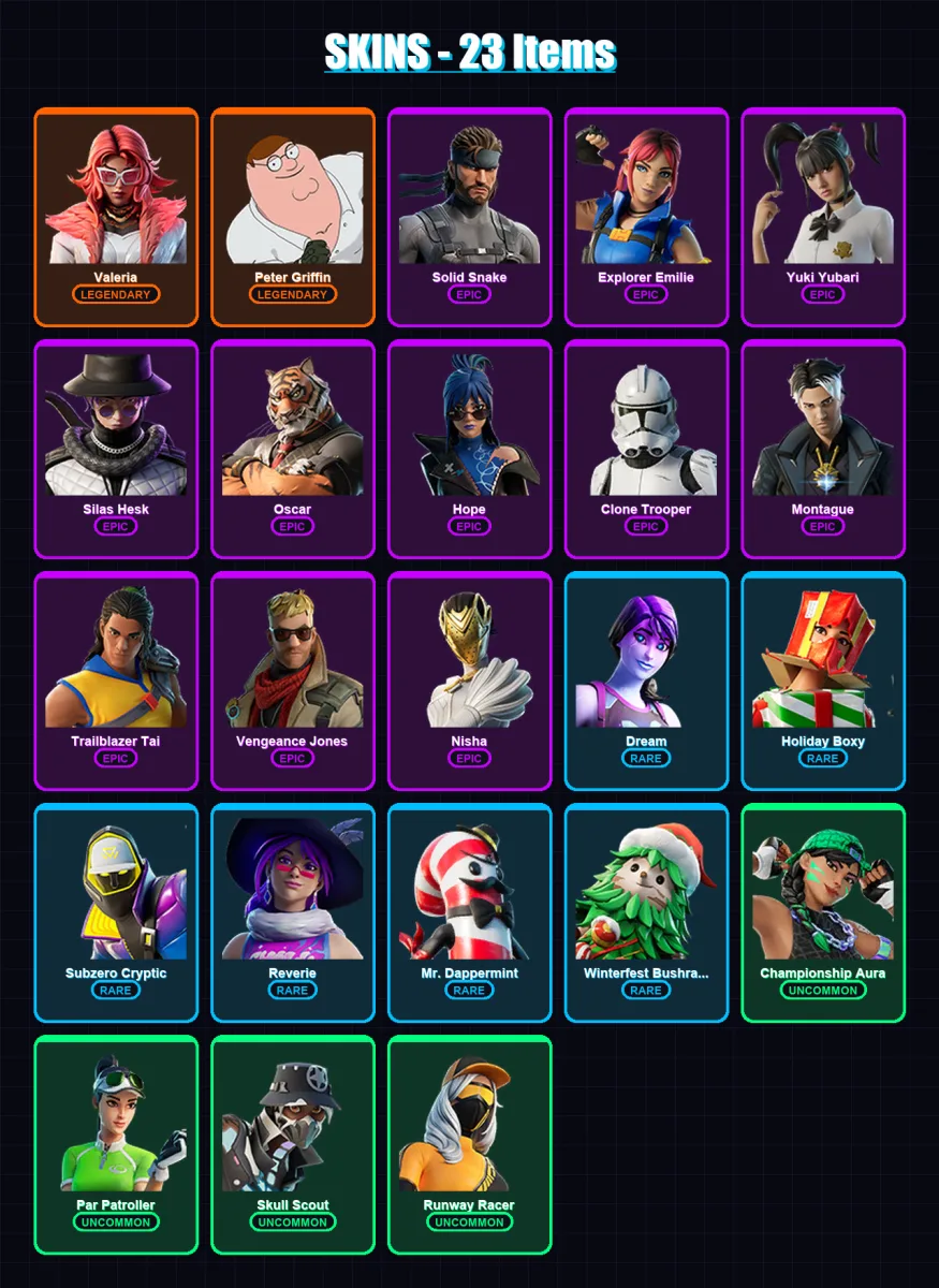 [PS4/PS5/XBOX/PC] | Valeria | Peter Griffin | Solid Snake | Explorer Emilie | Yuki Yubari | 23 skin | 34 pickaxe | 23 emote | 26 glider | Lv373 — Fortnite account