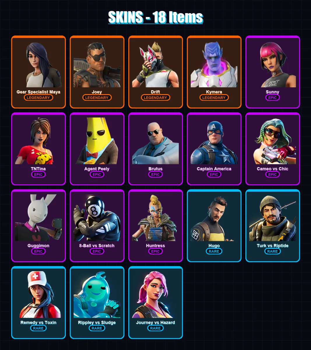 [PC/XBOX/PSN] | Gear Specialist Maya | Joey | Drift | Kymera | Sunny | 18 skin | 19 pickaxe | 18 emote | 20 glider | Lv258