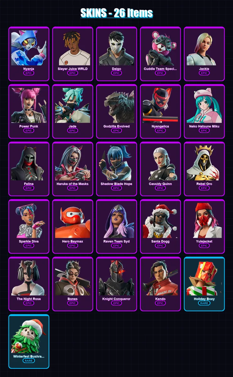[PC/XBOX/PSN] | Nyanja | Slayer Juice WRLD | Daigo | Cuddle Team Specialist | Jackie | 26 skin | 45 pickaxe | 30 emote | 27 glider | Lv334