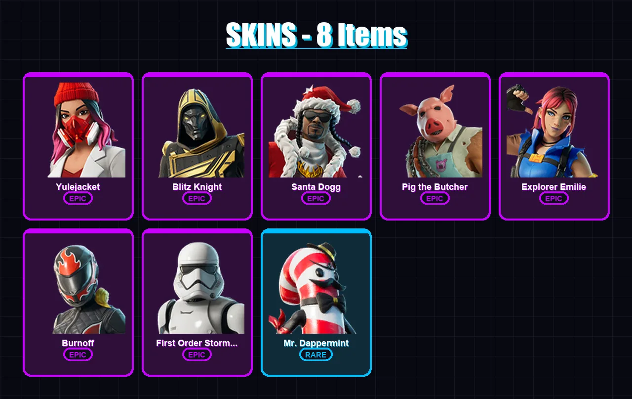 [PC] | Yulejacket | Blitz Knight | Santa Dogg | Pig the Butcher | Explorer Emilie | 8 skin | 31 pickaxe | 12 emote | 22 glider | Lv154