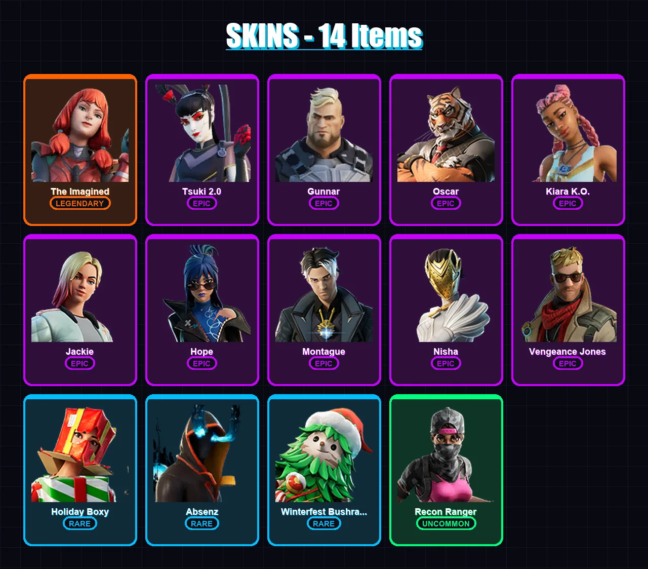 [PC/XBOX/PSN] | The Imagined | Tsuki 2.0 | Gunnar | Oscar | Kiara K.O. | 14 skin | 21 pickaxe | 11 emote | 16 glider | Lv249