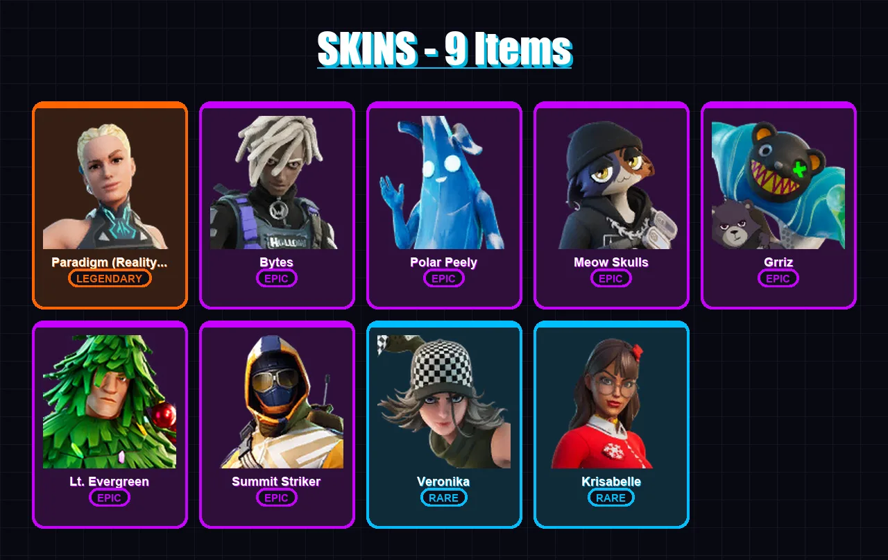 [PC/XBOX] | Paradigm (Reality-659) | Bytes | Polar Peely | Meow Skulls | Grriz | 9 skin | 18 pickaxe | 12 emote | 20 glider | Lv218