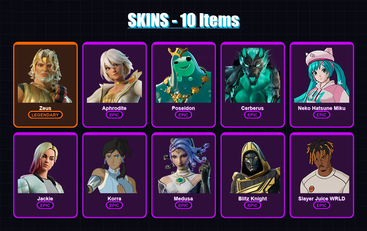 [PC/XBOX/PSN] | Zeus | Aphrodite | Poseidon | Cerberus | Neko Hatsune Miku | 10 skin | 27 pickaxe | 20 emote | 21 glider | Lv245