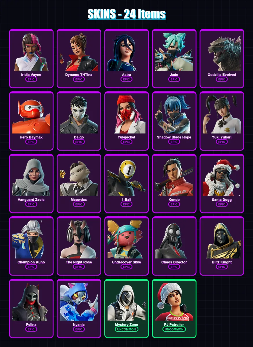 [PC] | Iridia Vayne | Dynamo TNTina | Astra | Jade | Godzilla Evolved | 24 skin | 53 pickaxe | 30 emote | 33 glider | Lv461