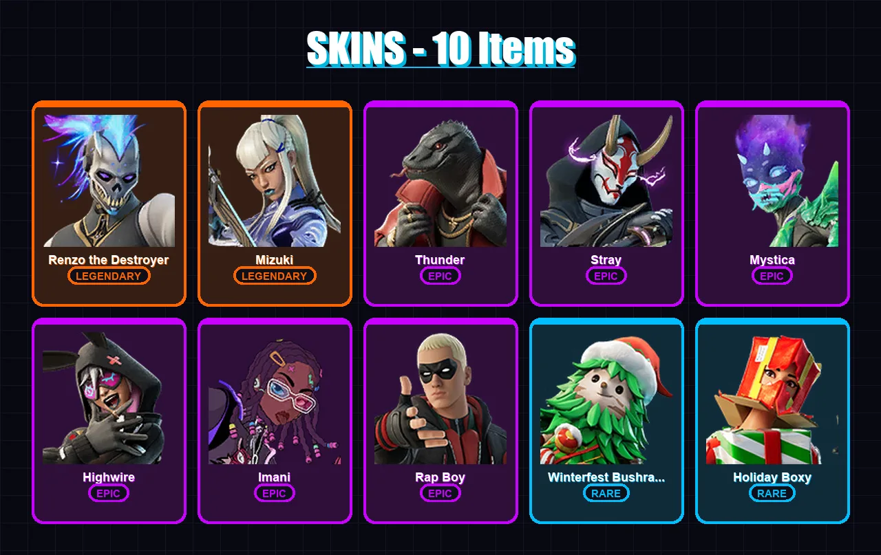 [PC/PSN] | Renzo the Destroyer | Mizuki | Thunder | Stray | Mystica | 10 skin | 25 pickaxe | 14 emote | 27 glider | Lv388