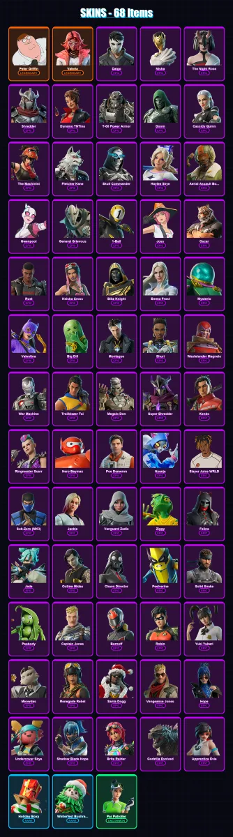 [PC/XBOX] | Peter Griffin | Valeria | Daigo | Nisha | The Night Rose | 68 skin | 118 pickaxe | 76 emote | 82 glider | Lv1365