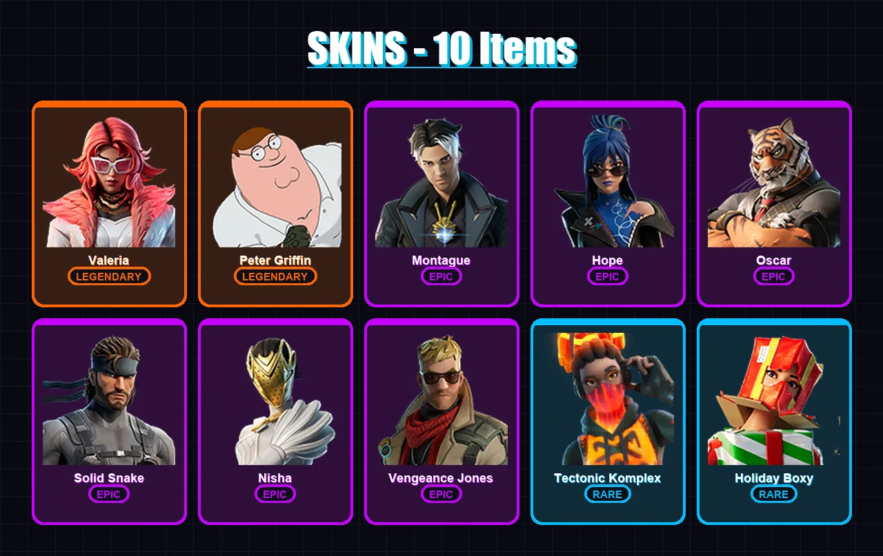 [SWITCH/XBOX/PSN/PC] | Valeria | Peter Griffin | Montague | Hope | Oscar | 10 skin | 23 pickaxe | 23 emote | 17 glider | Lv352