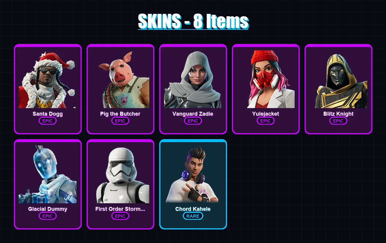 [PS4/PS5/XBOX/PC] | Santa Dogg | Pig the Butcher | Vanguard Zadie | Yulejacket | Blitz Knight | 8 skin | 53 pickaxe | 19 emote | 30 glider | Lv373