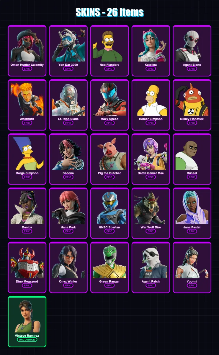 [PC/PSN] | Omen Hunter Calamity | Yon Dar 3000 | Ned Flanders | Katalina | Agent Blanc | 26 skin | 37 pickaxe | 24 emote | 18 glider | Lv206