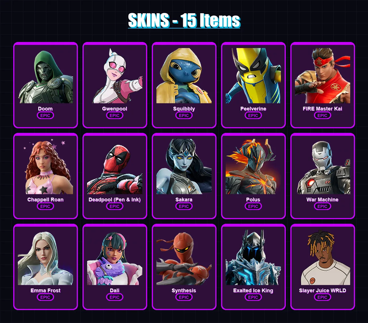 [PC/PSN] | Doom | Gwenpool | Squibbly | Peelverine | FIRE Master Kai | 15 skin | 28 pickaxe | 12 emote | 19 glider | Lv189