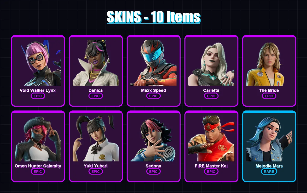 [PC/PSN] | Void Walker Lynx | Danica | Maxx Speed | Carletta | The Bride | 10 skin | 14 pickaxe | 3 emote | 8 glider | Lv68