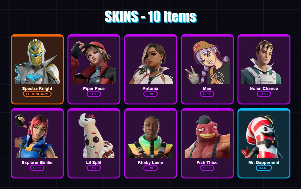 [PC/XBOX/PSN] | Spectra Knight | Piper Pace | Antonia | Mae | Nolan Chance | 10 skin | 10 pickaxe | 7 emote | 9 glider | Lv116