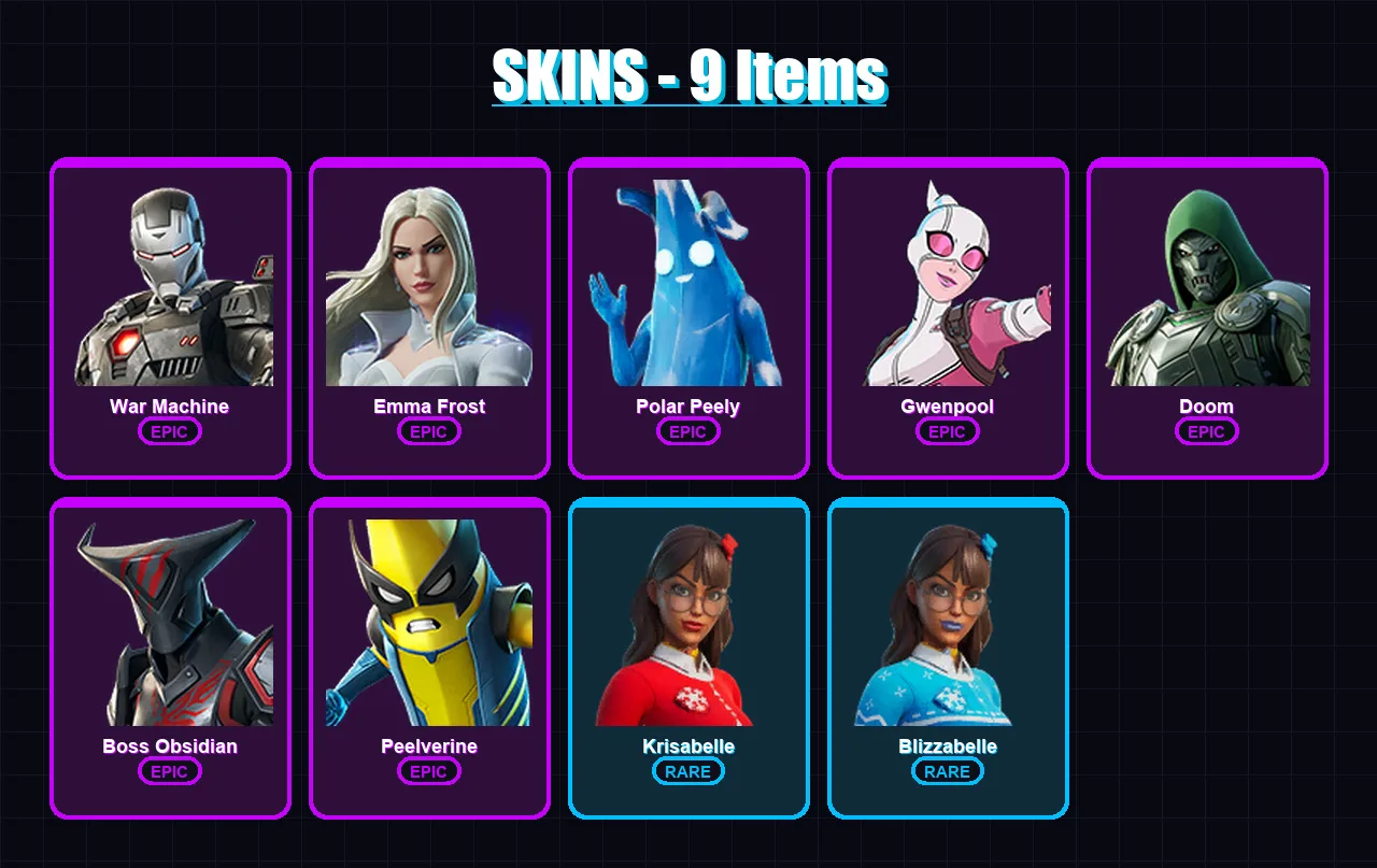 [PC/PSN] | War Machine | Emma Frost | Polar Peely | Gwenpool | Doom | 9 skin | 23 pickaxe | 15 emote | 18 glider | Lv225