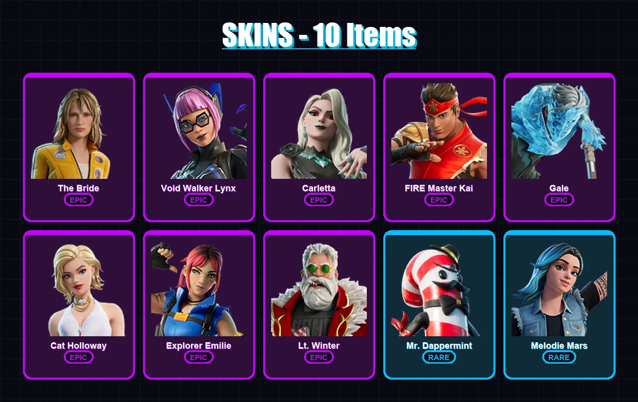[PC/PSN] | The Bride | Void Walker Lynx | Carletta | FIRE Master Kai | Gale | 10 skin | 12 pickaxe | 9 emote | 7 glider | Lv24