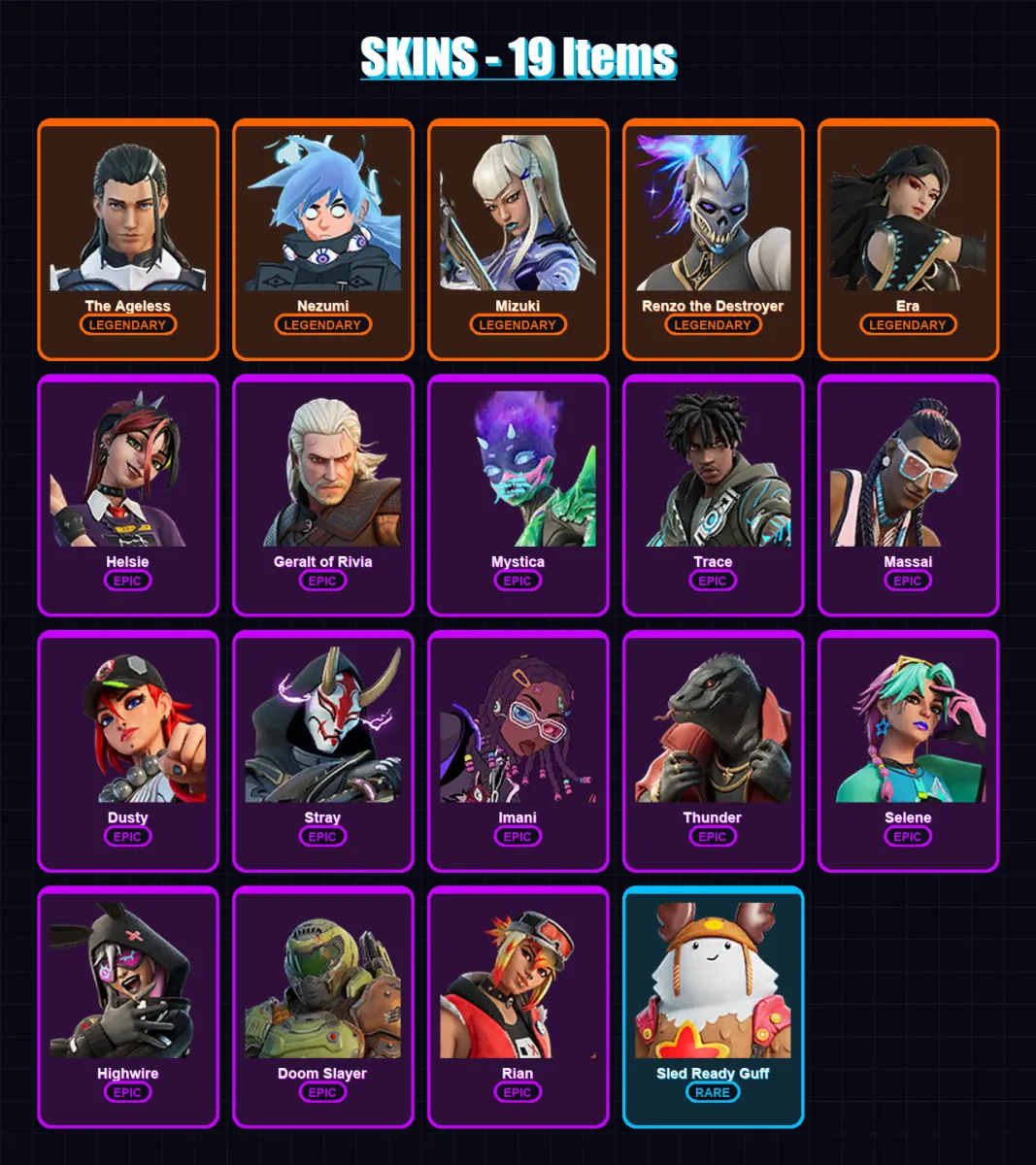 [PC/XBOX/PSN] | The Ageless | Nezumi | Mizuki | Renzo the Destroyer | Era | 19 skin | 26 pickaxe | 19 emote | 32 glider | Lv376