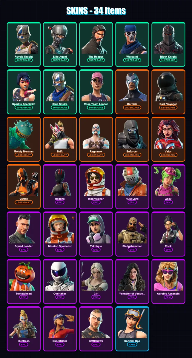 [PC/XBOX/PSN] | Royale Knight | Elite Agent | The Reaper | Warpaint | Black Knight | 34 skin | 26 pickaxe | 30 emote | 27 glider | Lv342