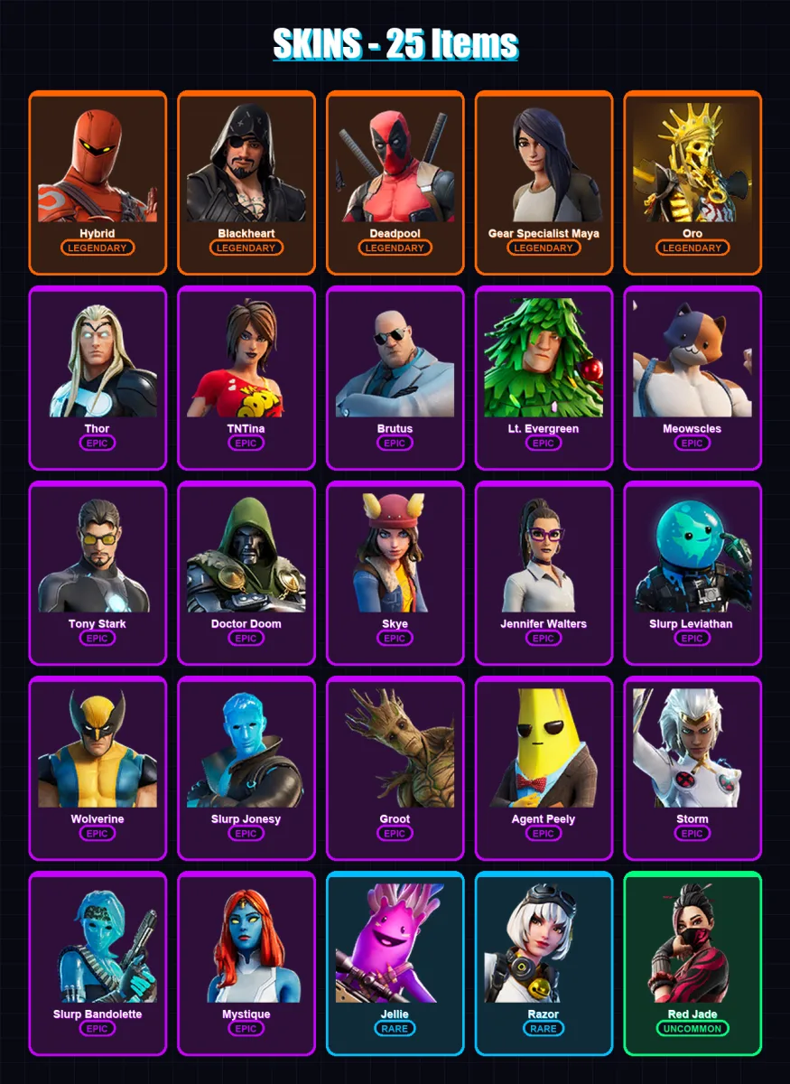 [PS4/PS5/XBOX/PC] | Hybrid | Blackheart | Deadpool | Gear Specialist Maya | Oro | 25 skin | 26 pickaxe | 37 emote | 25 glider | Lv370