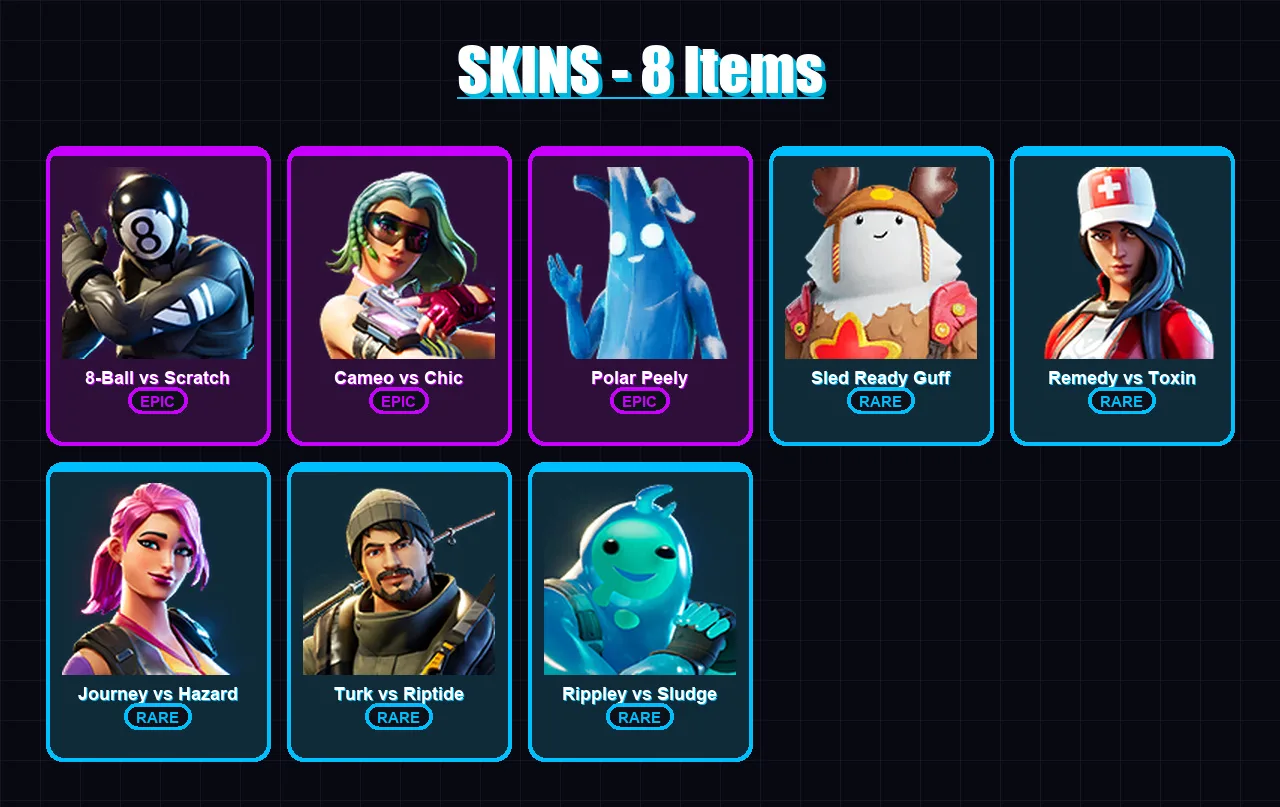 [PS4/PS5/XBOX/PC] | 8-Ball vs Scratch | Cameo vs Chic | Polar Peely | 8 skin | Lv201