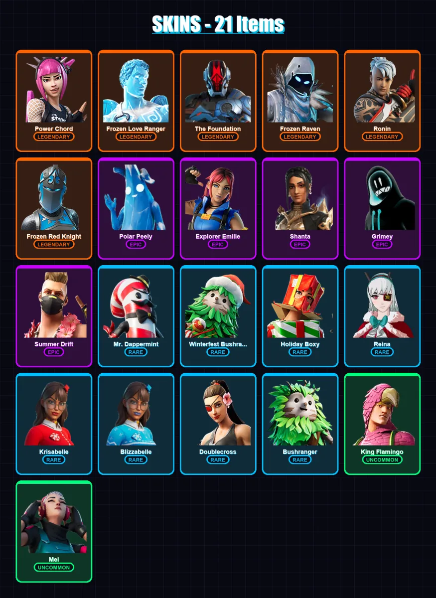 [PC/XBOX] | Power Chord | Frozen Love Ranger | The Foundation | Frozen Raven | Ronin | 21 skin | 13 pickaxe | 20 emote | 10 glider | Lv95