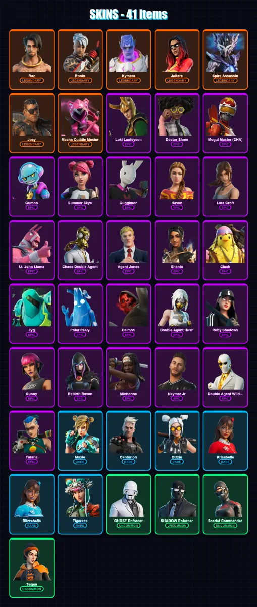 [PC/XBOX/PSN] | Raz | Ronin | Kymera | Joltara | Spire Assassin | 41 skin | 46 pickaxe | 38 emote | 39 glider | Lv744