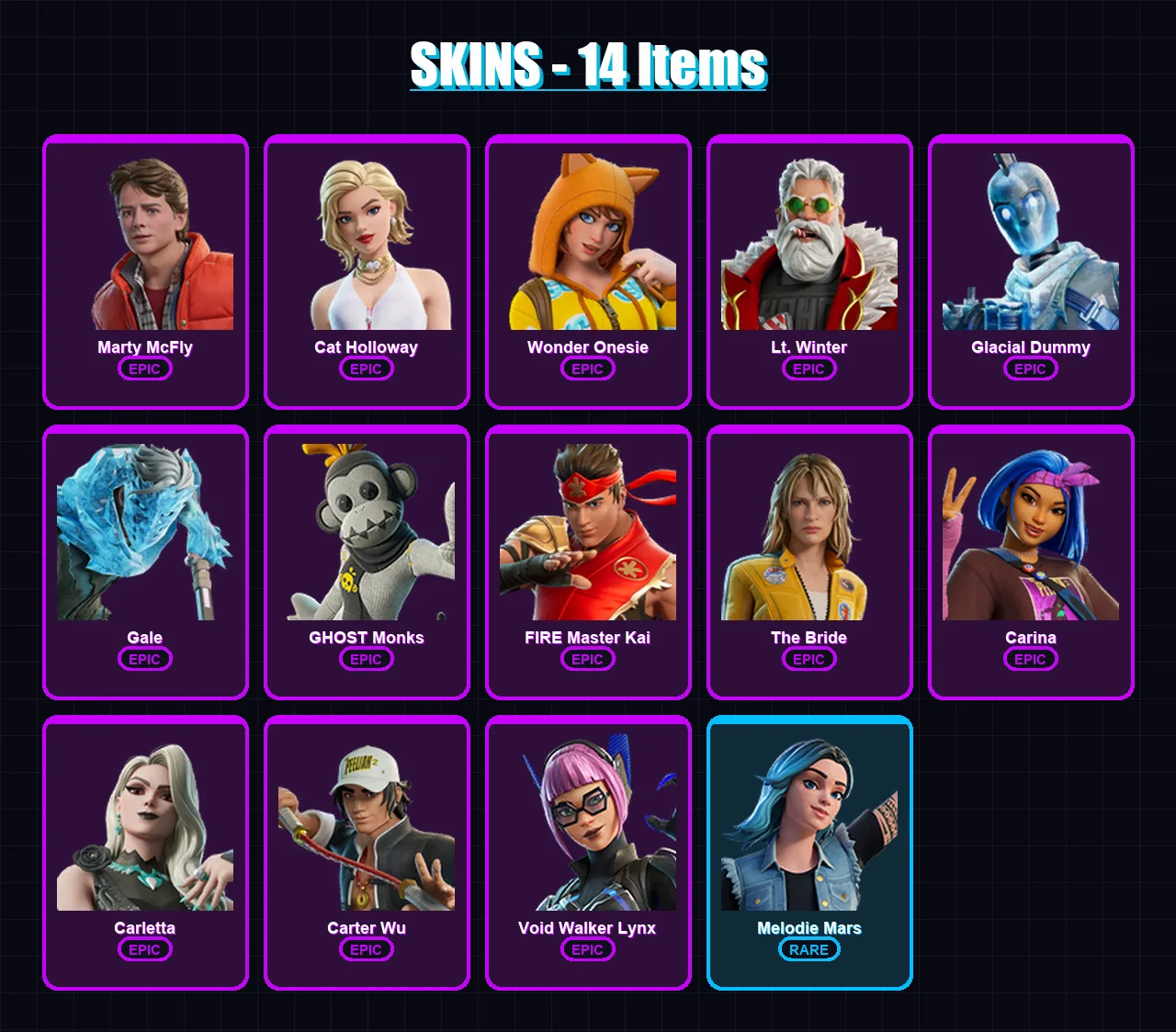 [PC/XBOX/PSN] | Marty McFly | Cat Holloway | Wonder Onesie | Lt. Winter | Glacial Dummy | 14 skin | 23 pickaxe | 13 emote | 15 glider | Lv70
