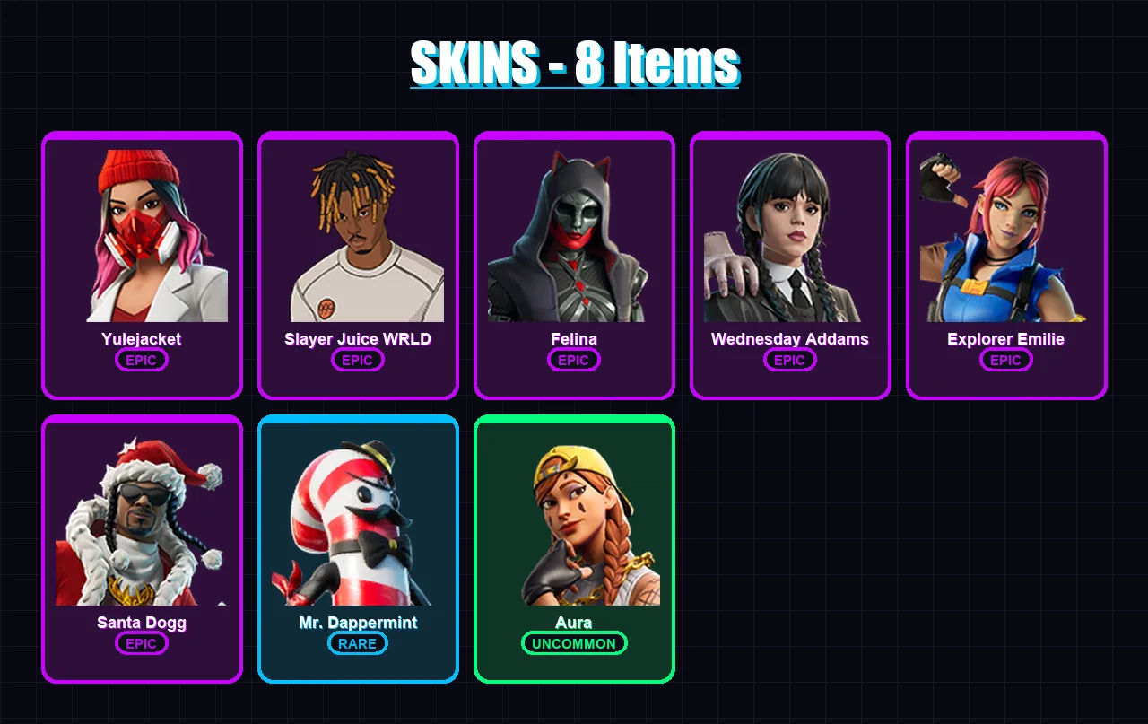 [PC/XBOX/PSN] | Yulejacket | Slayer Juice WRLD | Felina | Wednesday Addams | Explorer Emilie | 8 skin | 40 pickaxe | 18 emote | 25 glider | Lv507