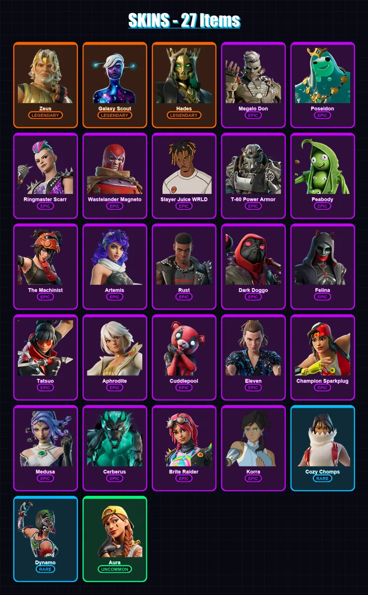 [PC/XBOX/PSN] | Zeus | Galaxy Scout | Hades | Megalo Don | Poseidon | 27 skin | 41 pickaxe | 39 emote | 28 glider | Lv490