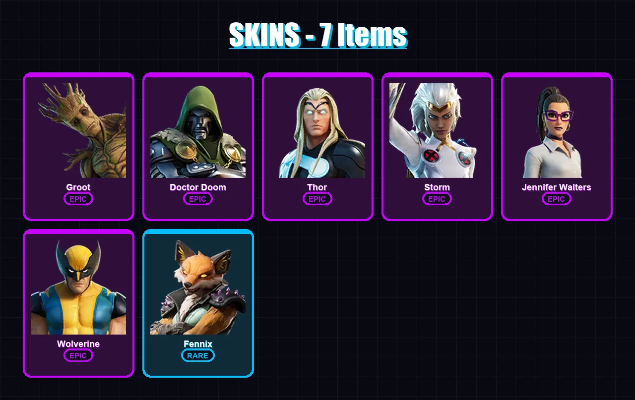 [PS4/PS5/XBOX/PC] | Groot | Doctor Doom | Thor | Storm | Jennifer Walters | 7 skin | 11 pickaxe | 8 emote | 13 glider | Lv263