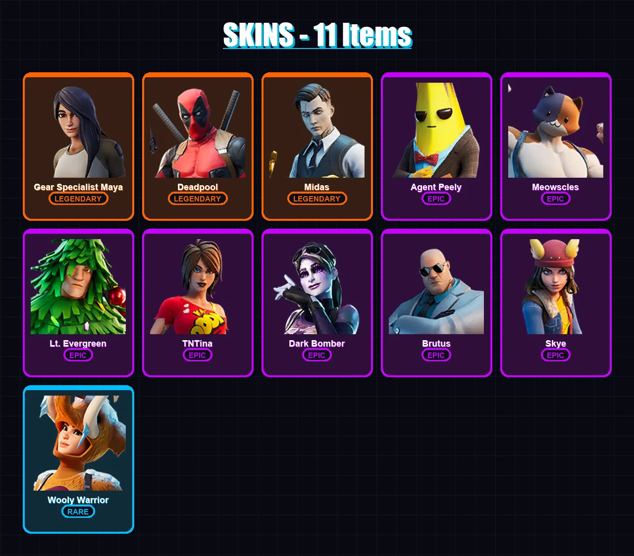 [PC/XBOX/PSN] | Gear Specialist Maya | Deadpool | Midas | Agent Peely | Meowscles | 11 skin | 15 pickaxe | 20 emote | 18 glider | Lv357