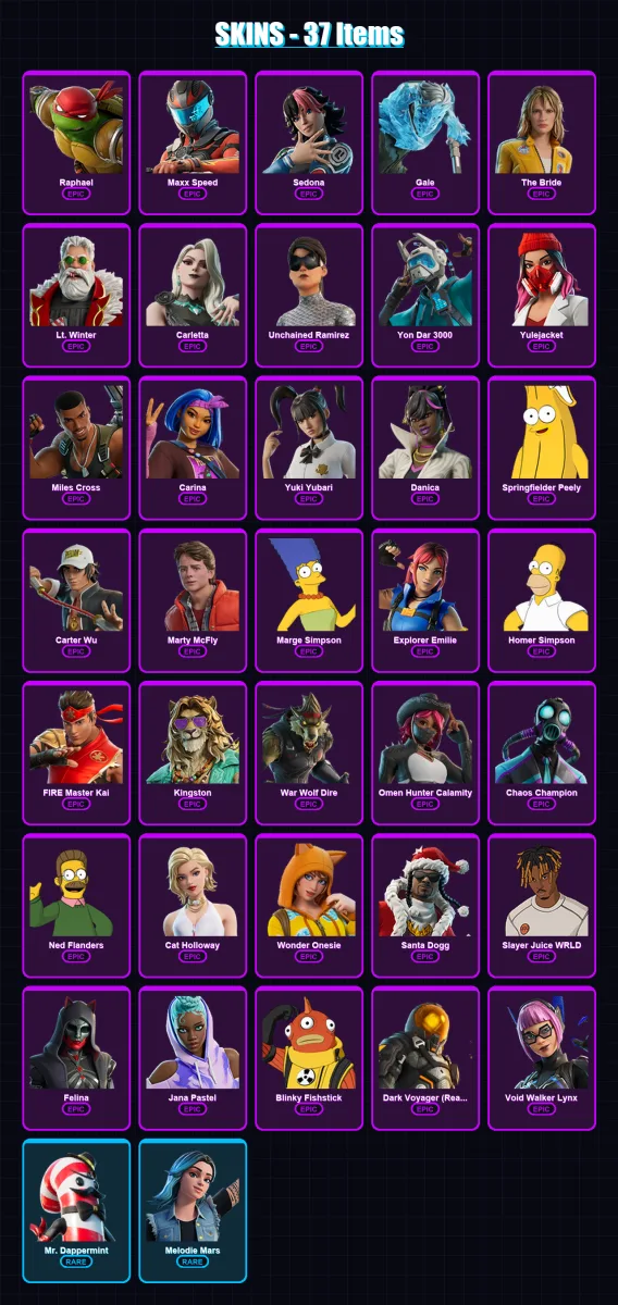 [PC] | Raphael | Maxx Speed | Sedona | Gale | The Bride | 37 skin | 75 pickaxe | 43 emote | 49 glider | Lv602