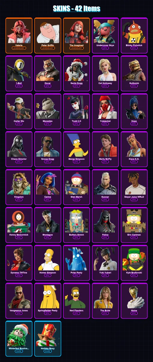 [PC/XBOX/PSN] | Valeria | Peter Griffin | The Imagined | Undercover Skye | Blinky Fishstick | 42 skin | 67 pickaxe | 39 emote | 45 glider | Lv612