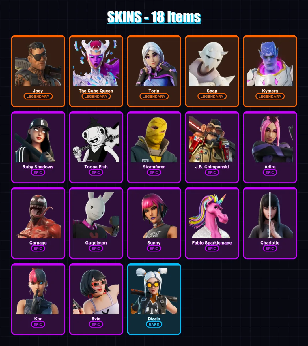 [PC/XBOX/PSN] | Joey | The Cube Queen | Torin | Snap | Kymera | 18 skin | 22 pickaxe | 14 emote | 22 glider | Lv272 — Fortnite account