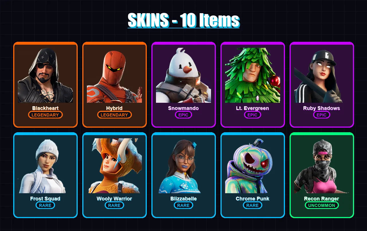 [PC/XBOX/PSN] | Blackheart | Hybrid | Snowmando | Lt. Evergreen | Ruby Shadows | 10 skin | 31 pickaxe | 41 emote | 32 glider | Lv850