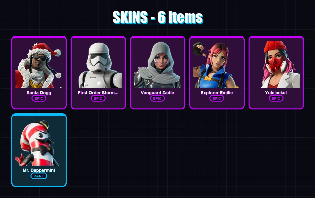 [PC/PSN] | Santa Dogg | First Order Stormtrooper | Vanguard Zadie | Explorer Emilie | Yulejacket | 6 skin | 38 pickaxe | 17 emote | 31 glider | Lv97