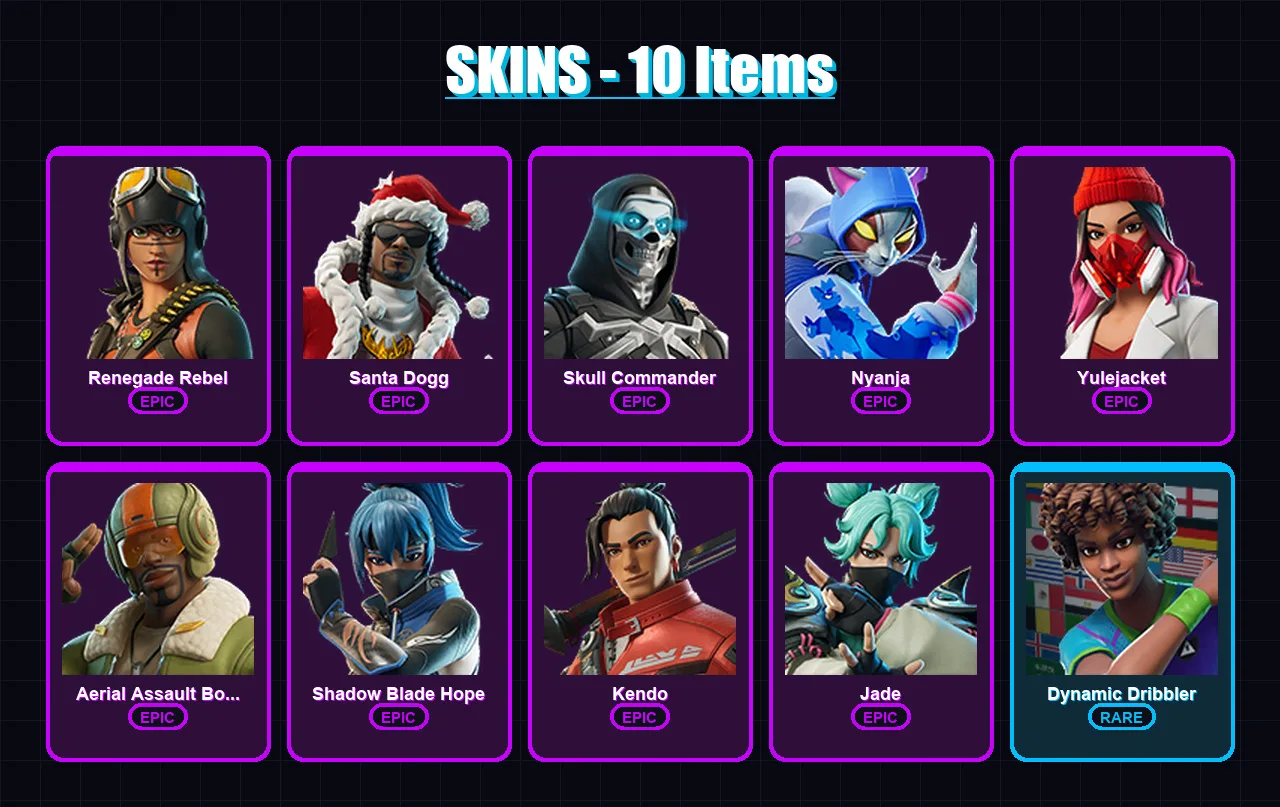 [PC/XBOX/PSN] | Renegade Rebel | Santa Dogg | Skull Commander | Nyanja | Yulejacket | 10 skin | 14 pickaxe | 9 emote | 11 glider | Lv56