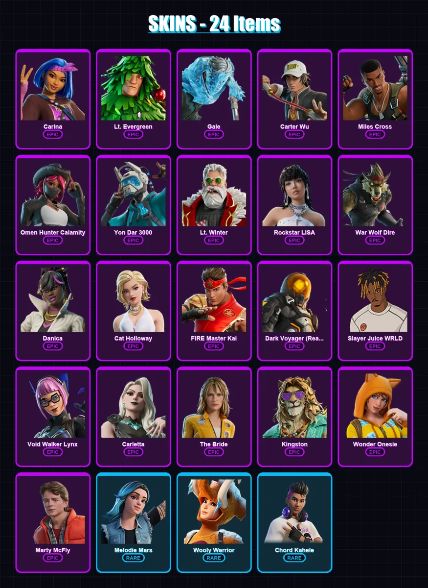 [PC/XBOX/PSN] | Carina | Lt. Evergreen | Gale | Carter Wu | Miles Cross | 24 skin | 46 pickaxe | 42 emote | 35 glider | Lv629 — Fortnite account
