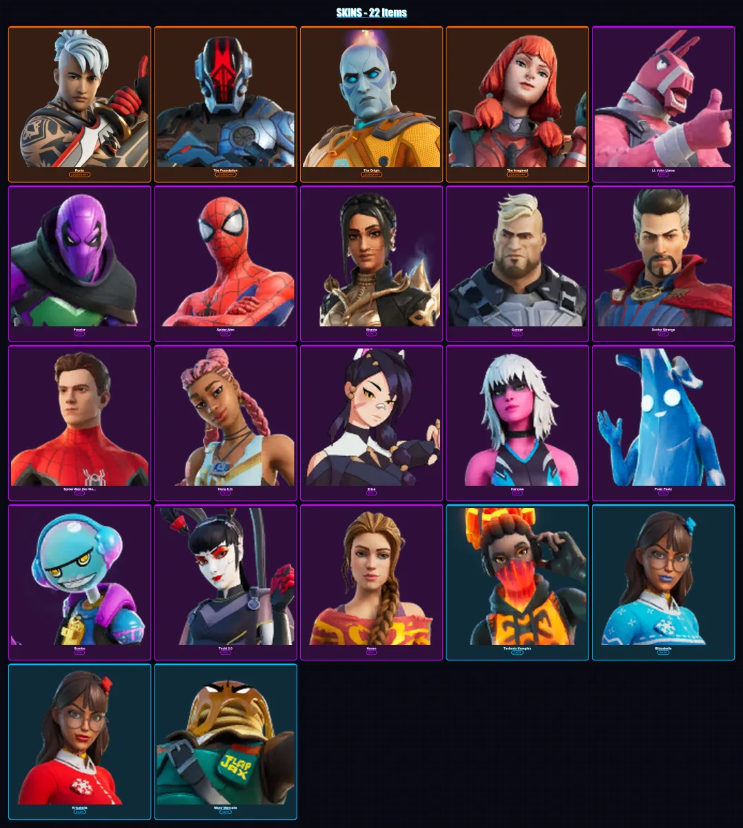 [PC/XBOX/PSN] | Ronin | The Foundation | The Origin | The Imagined | Lt. John Llama | 22 skin | 27 pickaxe | 23 emote | 22 glider | Lv496