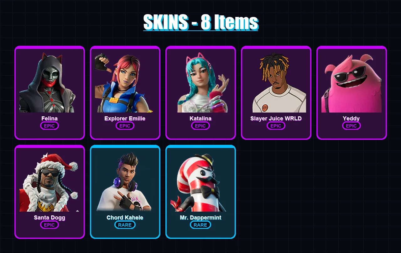 [PC/XBOX/PSN] | Felina | Explorer Emilie | Katalina | Slayer Juice WRLD | Yeddy | 8 skin | 29 pickaxe | 14 emote | 16 glider | Lv255
